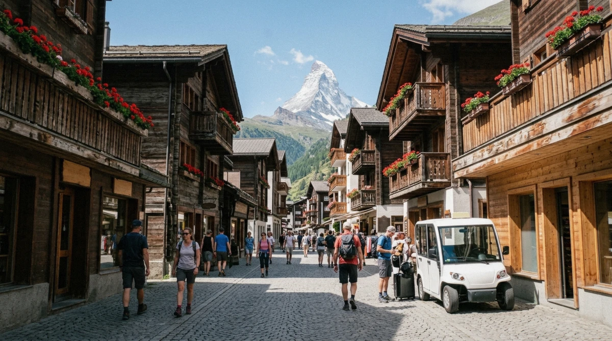 The car-free village of Zermatt on a warm summer afternoon with the Matterhorn behind it, showing the best time to visit Zermatt for warm daytime hiking weather